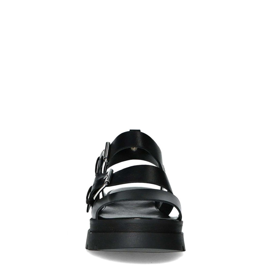 Sacha Leather Sandals With Silver Buckles - Black