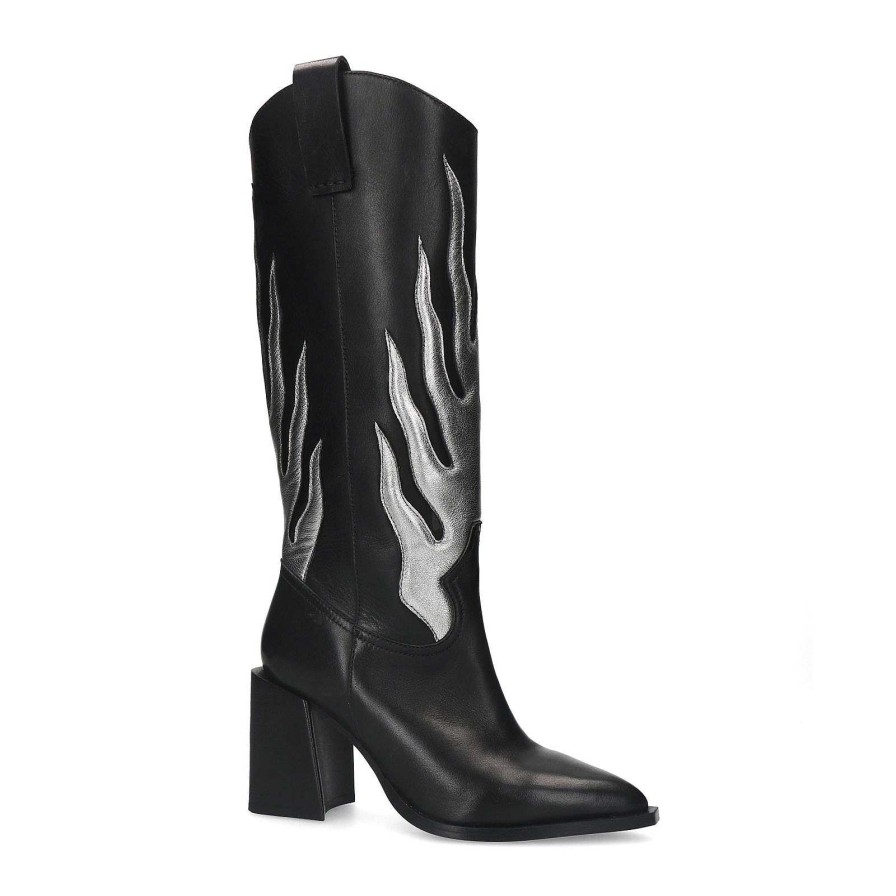 Sacha Flame Leather Cowboy Boots - Black