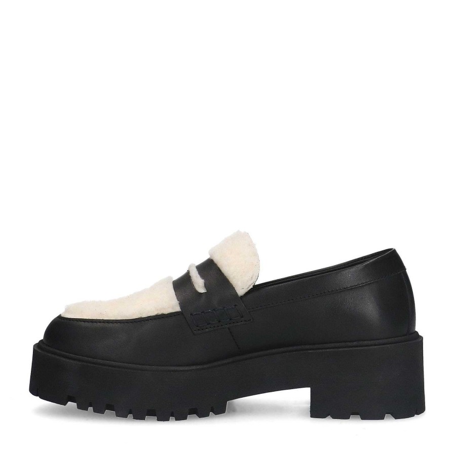 Sacha Leather Loafers With Fluffy Details - Black