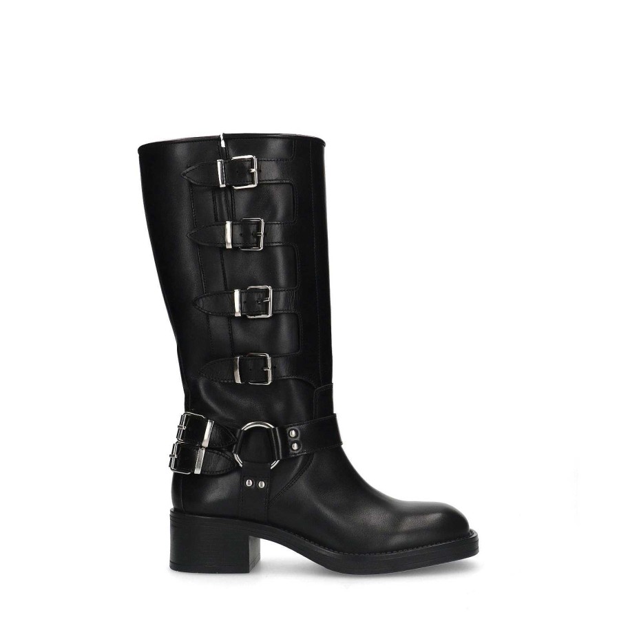 Sacha Leather Biker Boots With Buckles - Black