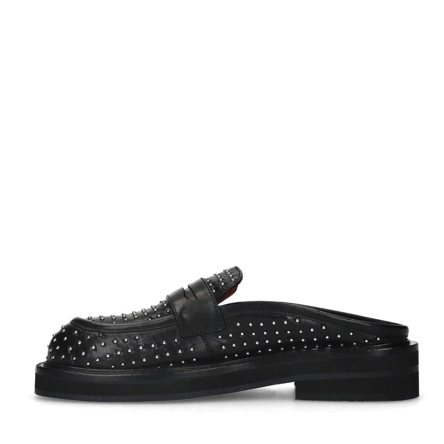 Sacha Leather Slip-On Shoes With Studs - Black