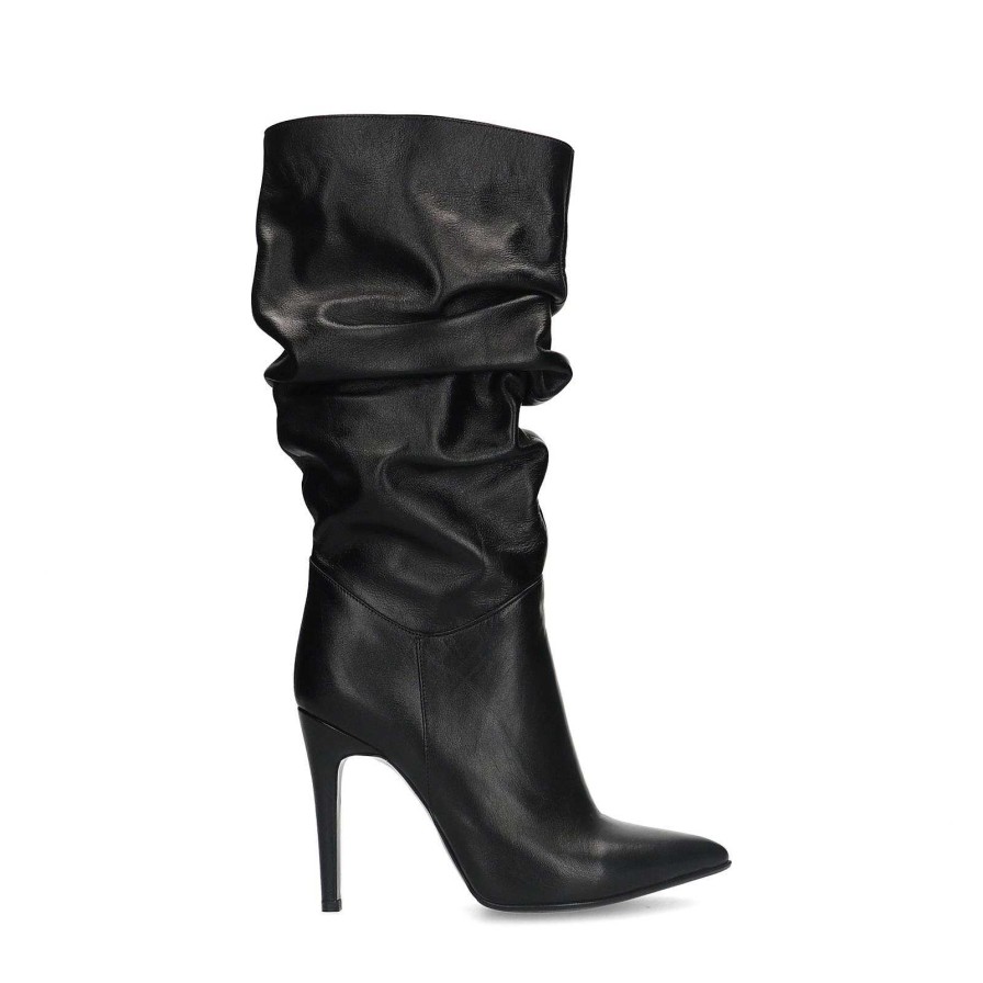 Sacha Pleated Leather Boots With Stiletto Heel - Black