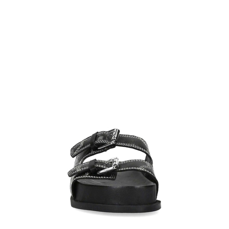 Sacha Leather Slides Decorated With Stitching - Black