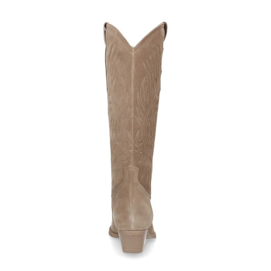 Sacha Suede Cowboy Boots With Stitching - Beige