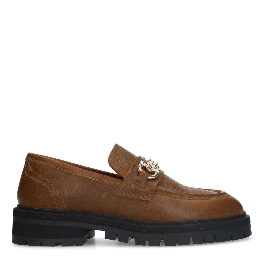 Sacha Leather Loafers With Chain - Brown