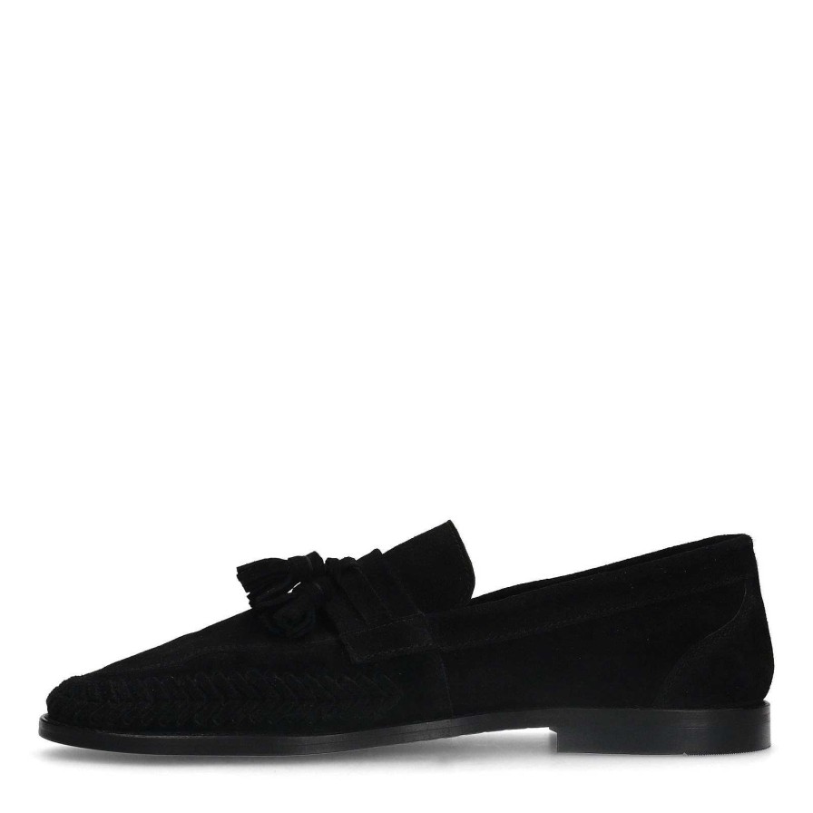 Sacha Suede Loafers With Fringed Tassels - Black