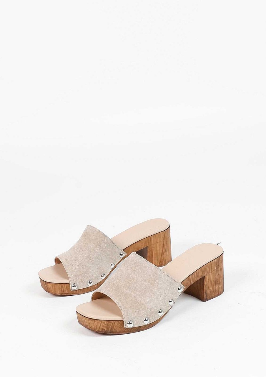 Sacha Suede Mules With Wooden Heel - Beige