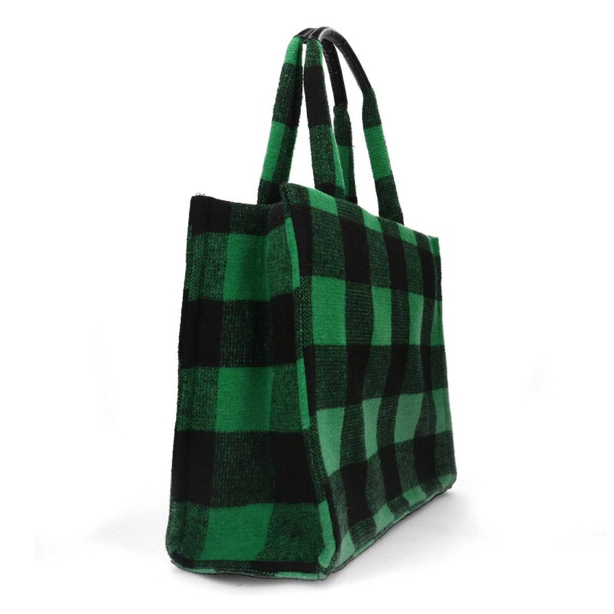 Sacha Tote Bag With Check Print And Details - Green