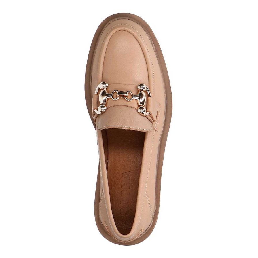 Sacha Leather Loafers With Chain - Beige