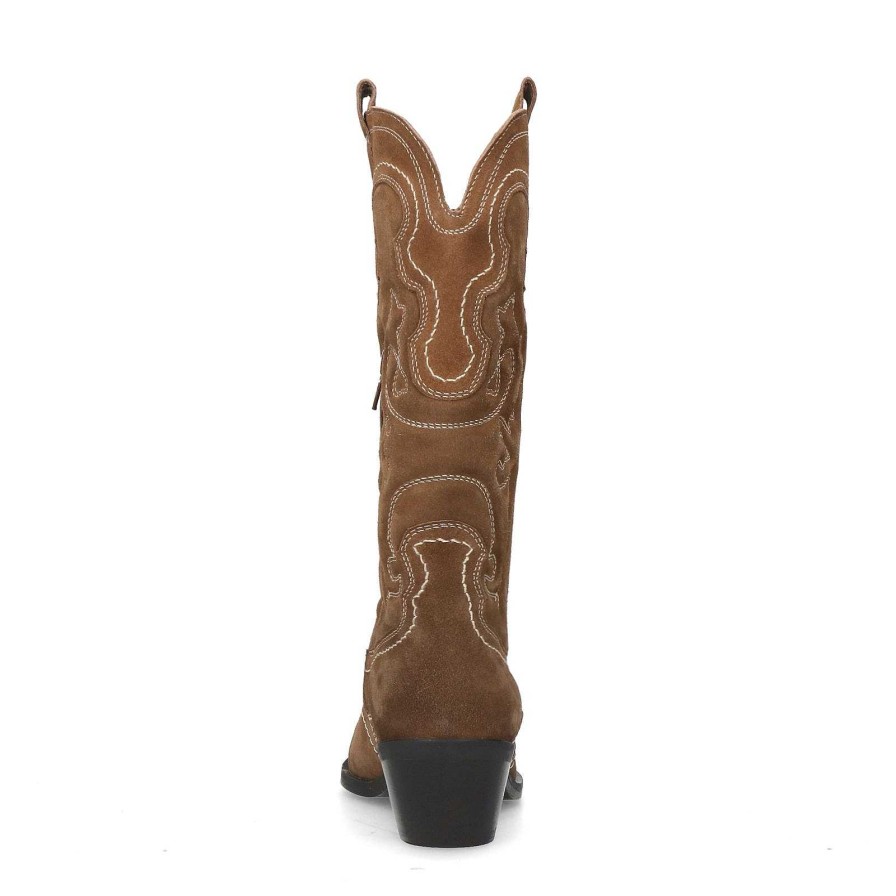 Sacha Suede Cowboy Boots With Decorative Stitching - Brown