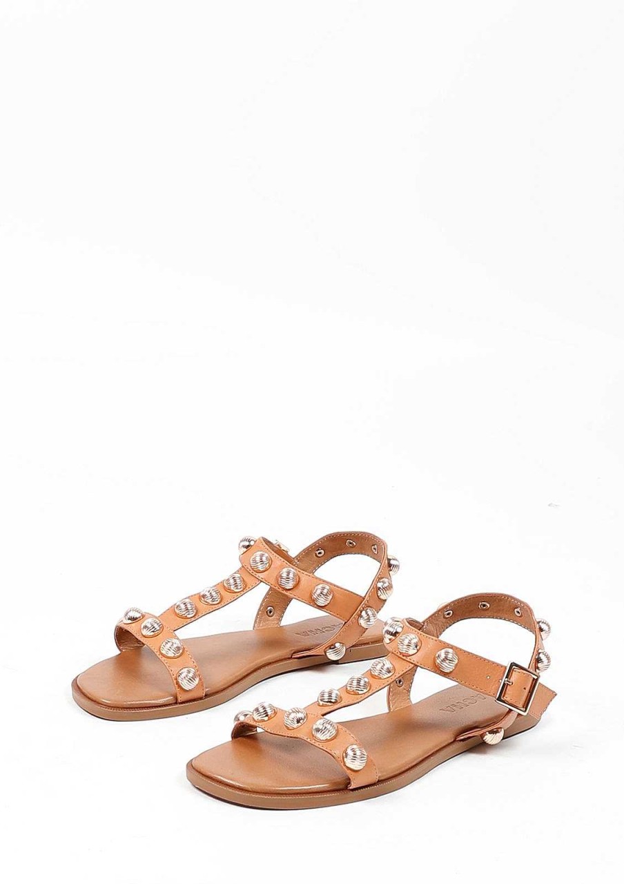 Sacha Leather Sandals With Studs - Beige