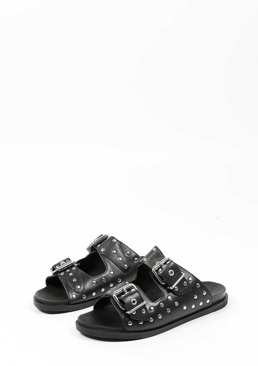 Sacha Leather Slides With Studs - Black