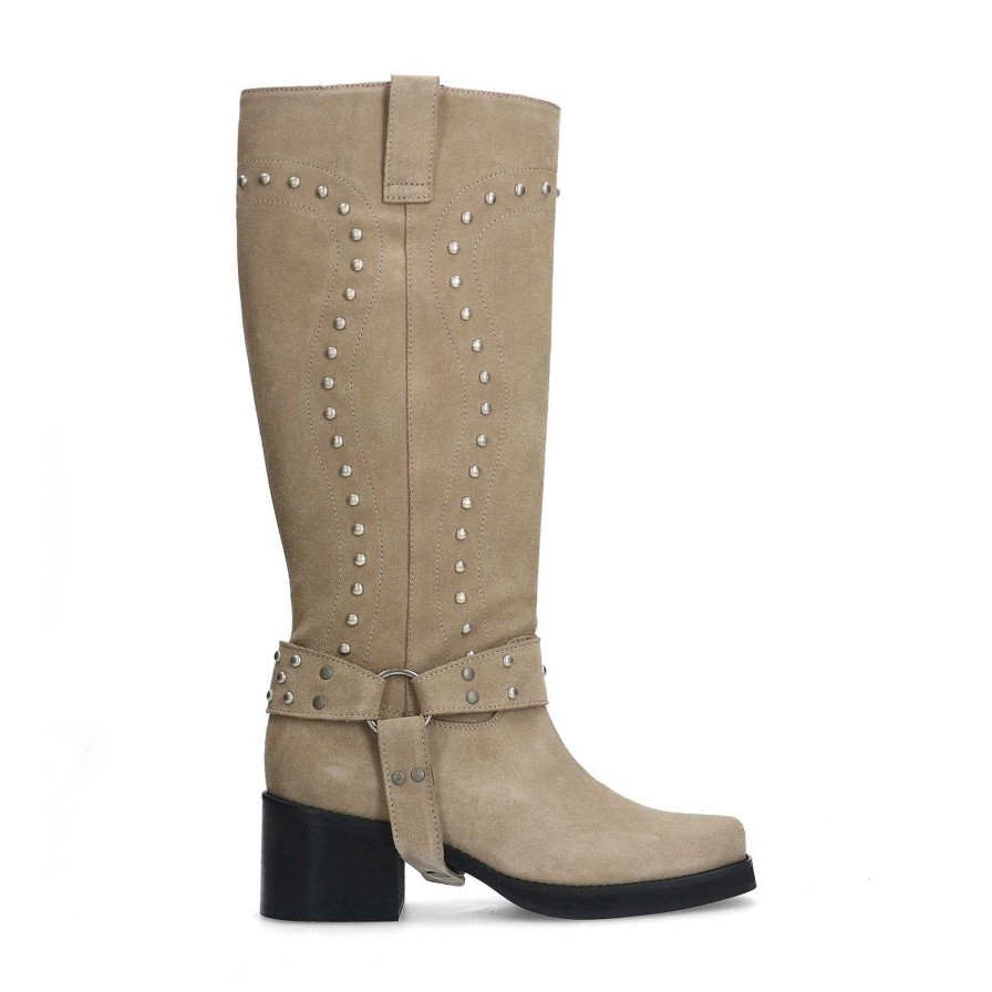 Sacha Suede Biker Boots With Studs - Beige