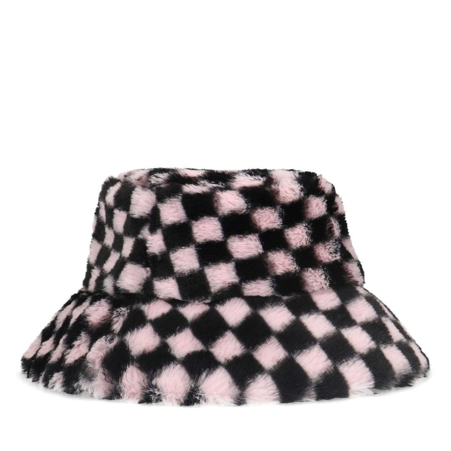 Sacha Faux Fur Bucket Hat With Check Print - Black