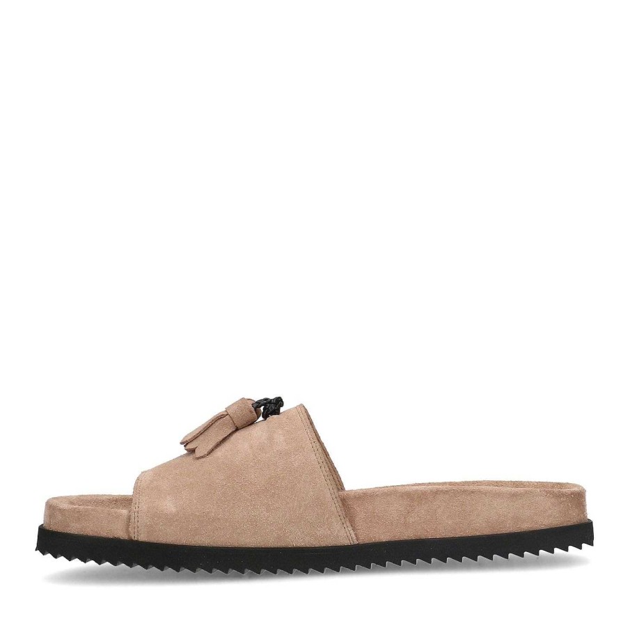 Sacha Suede Slides With Fringed Pompom - Beige