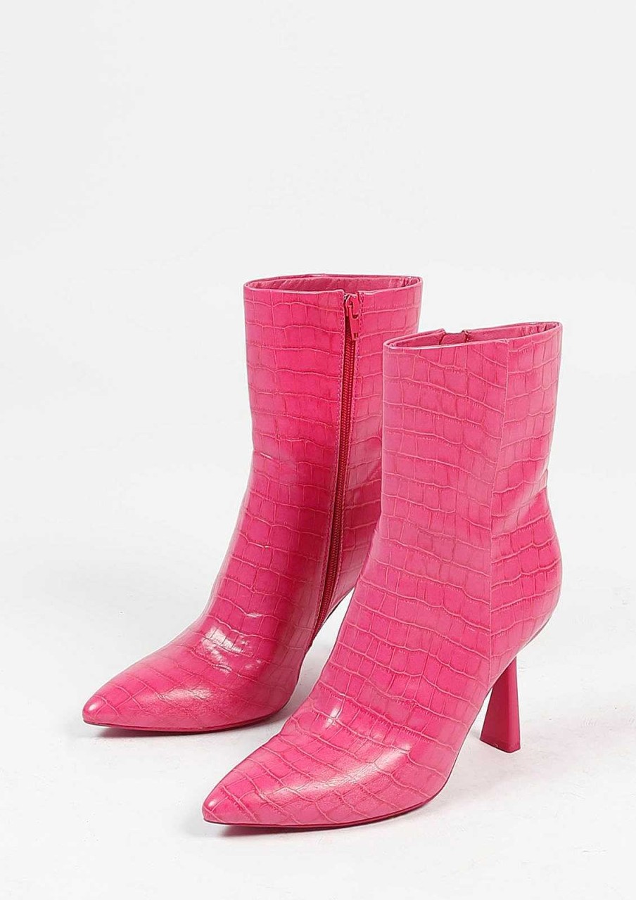 Sacha Croc Ankle Boots With Funnel Heel - Pink