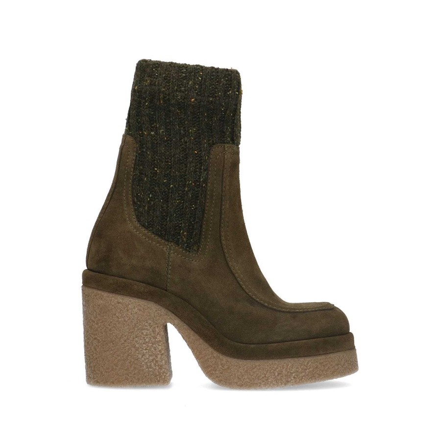 Sacha Suede Ankle Boots With Cuban Heel And Platform - Dark Green