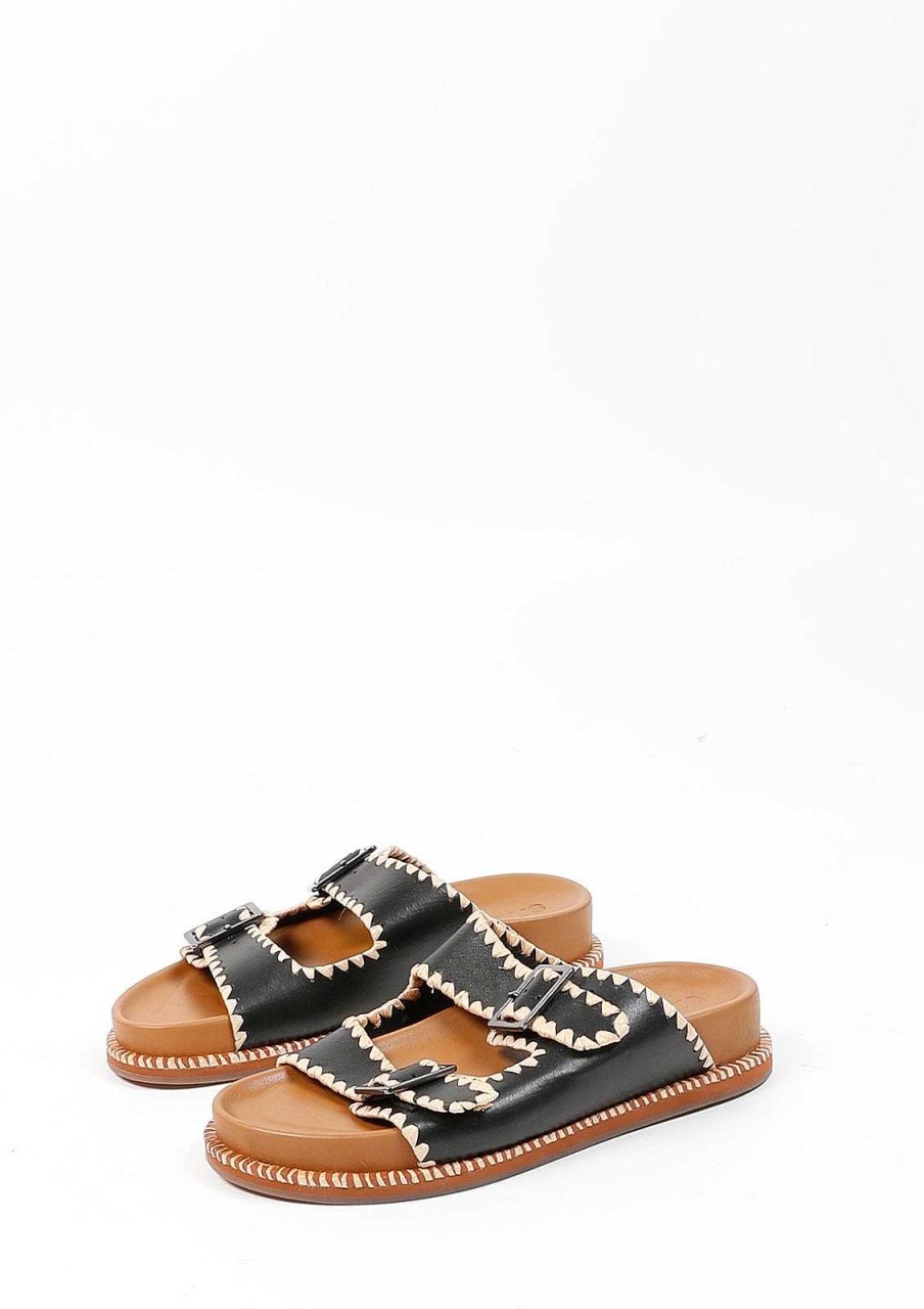 Sacha Leather Slides With Buckles - Black