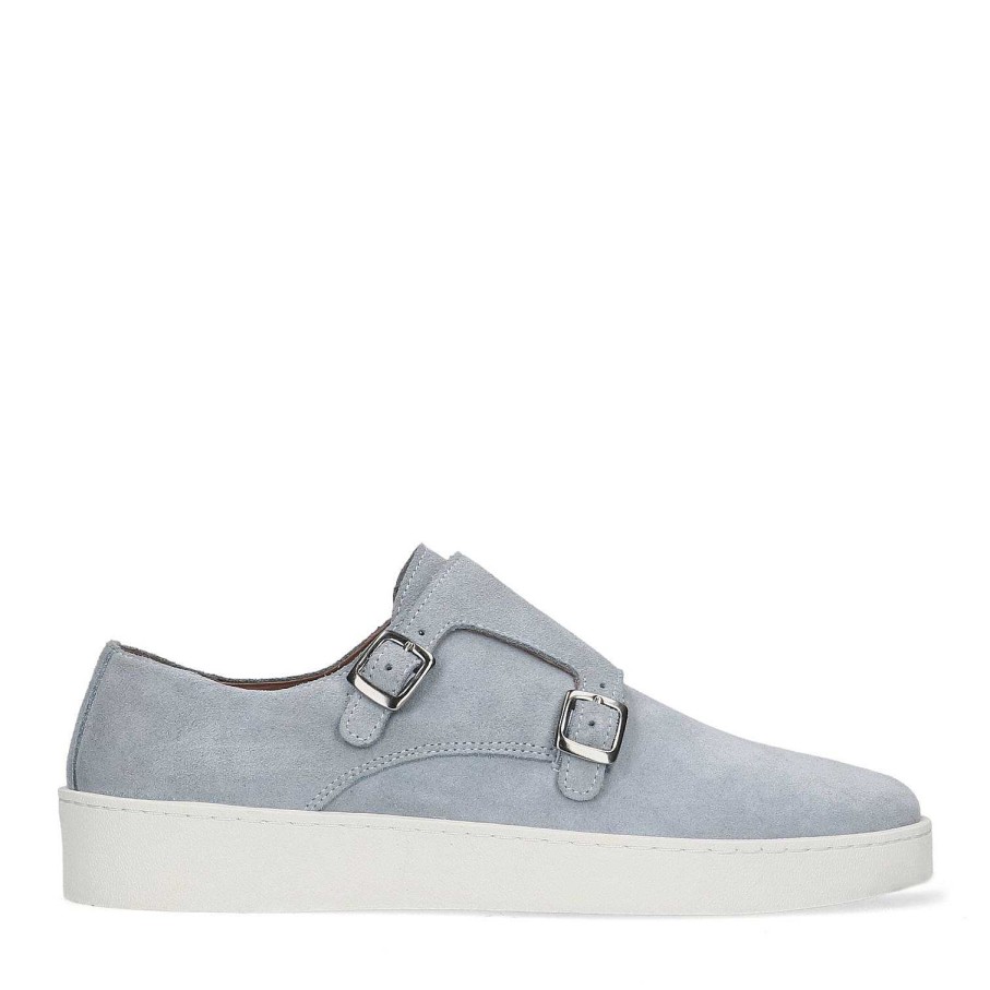 Sacha Double Buckle Suede Sneakers - Light Blue