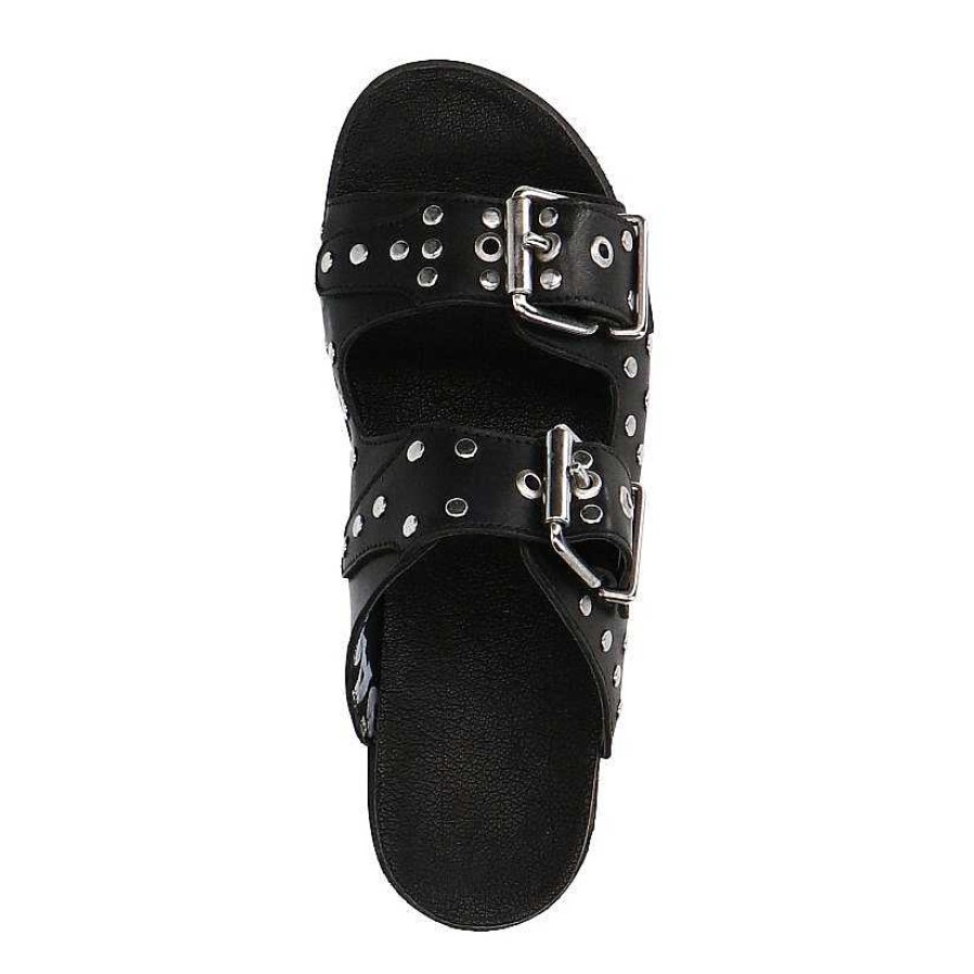 Sacha Leather Slides With Studs - Black