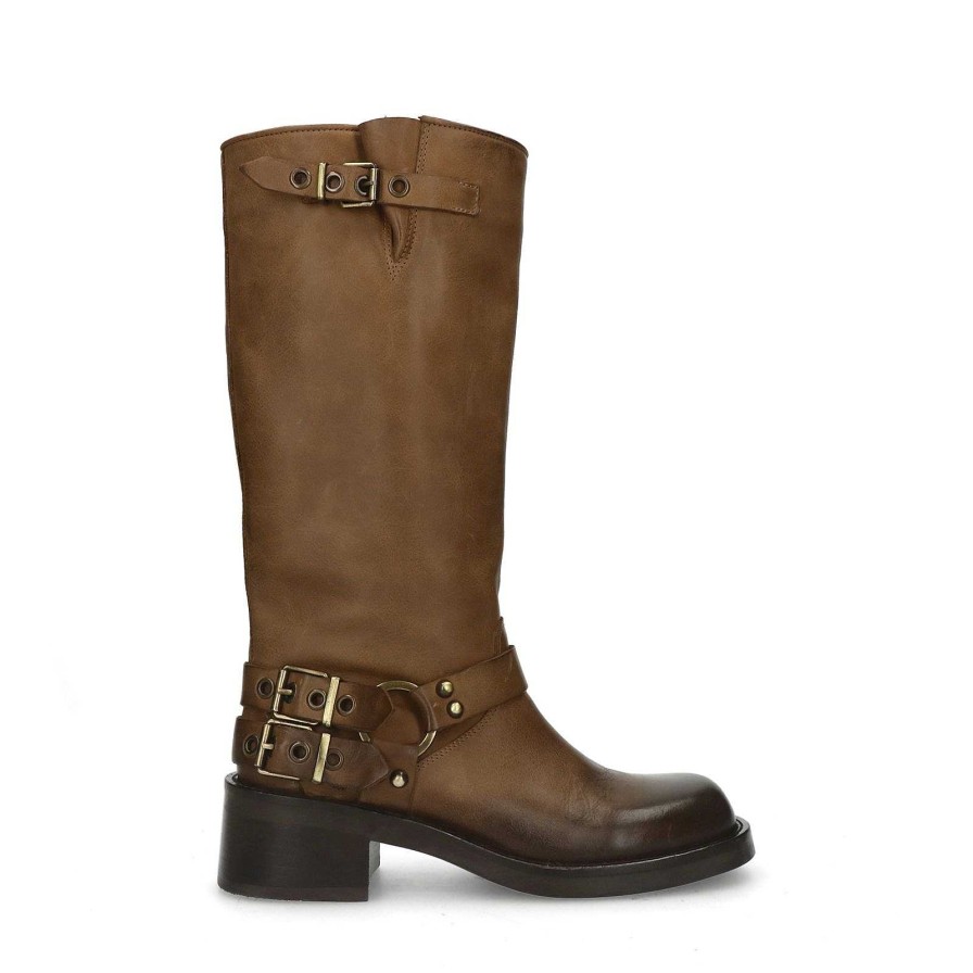 Sacha Buckled Biker Boots - Cognac