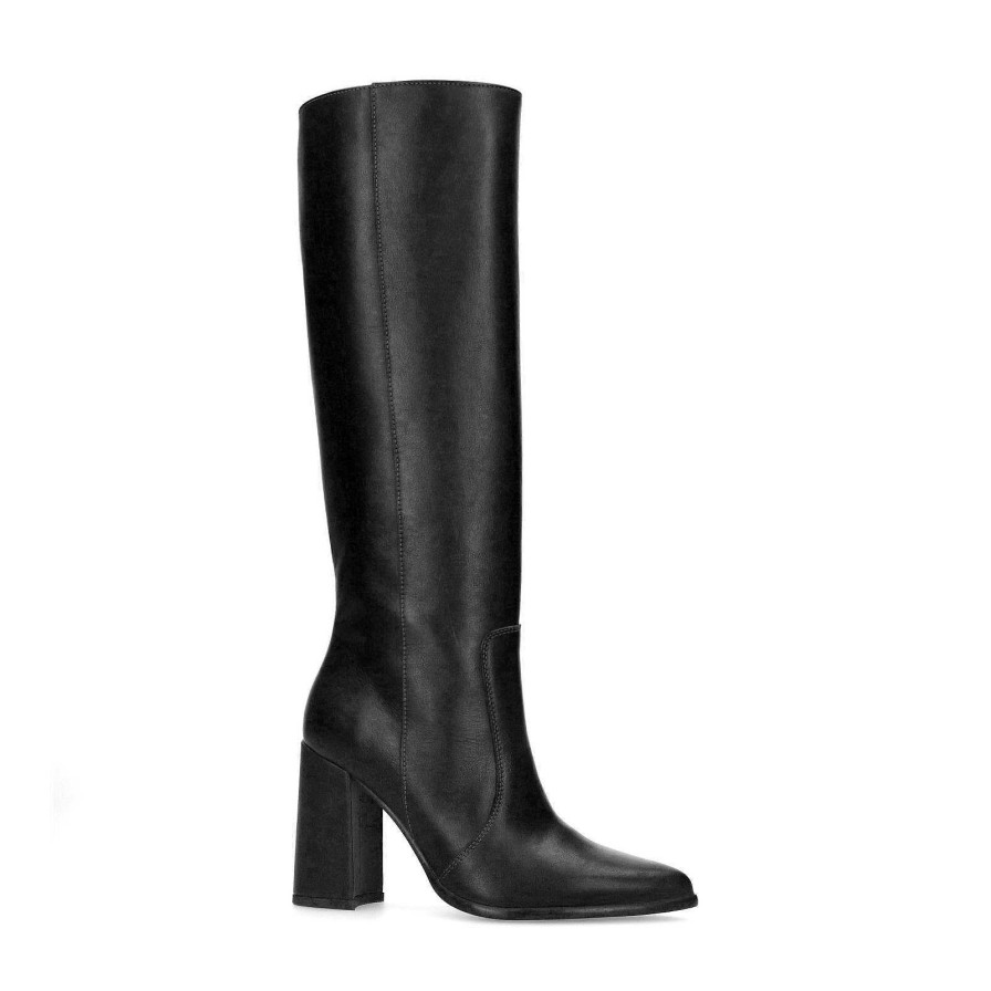 Sacha Knee High Leather Boots With Heel - Black