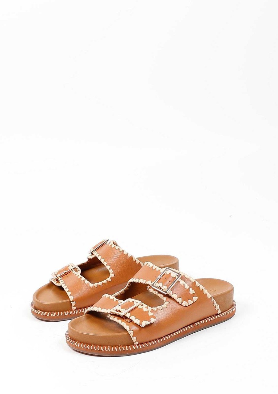 Sacha Leather Slides With Buckles - Camel