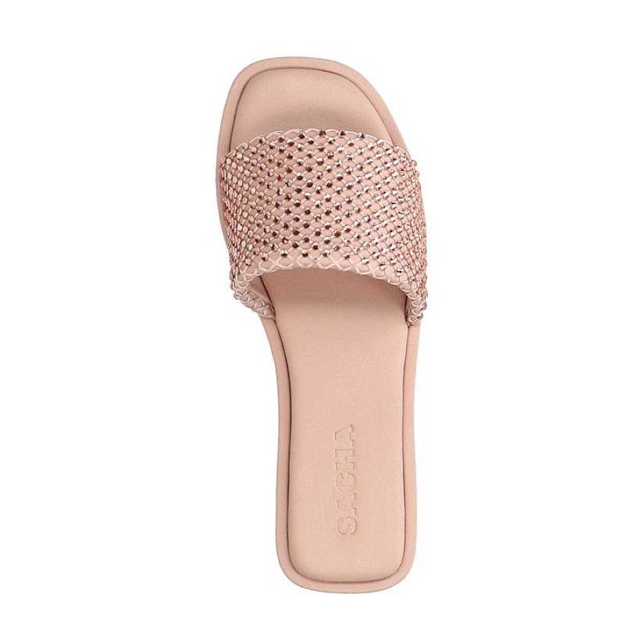 Sacha Leather Slides With Rhinestone Band - Pink