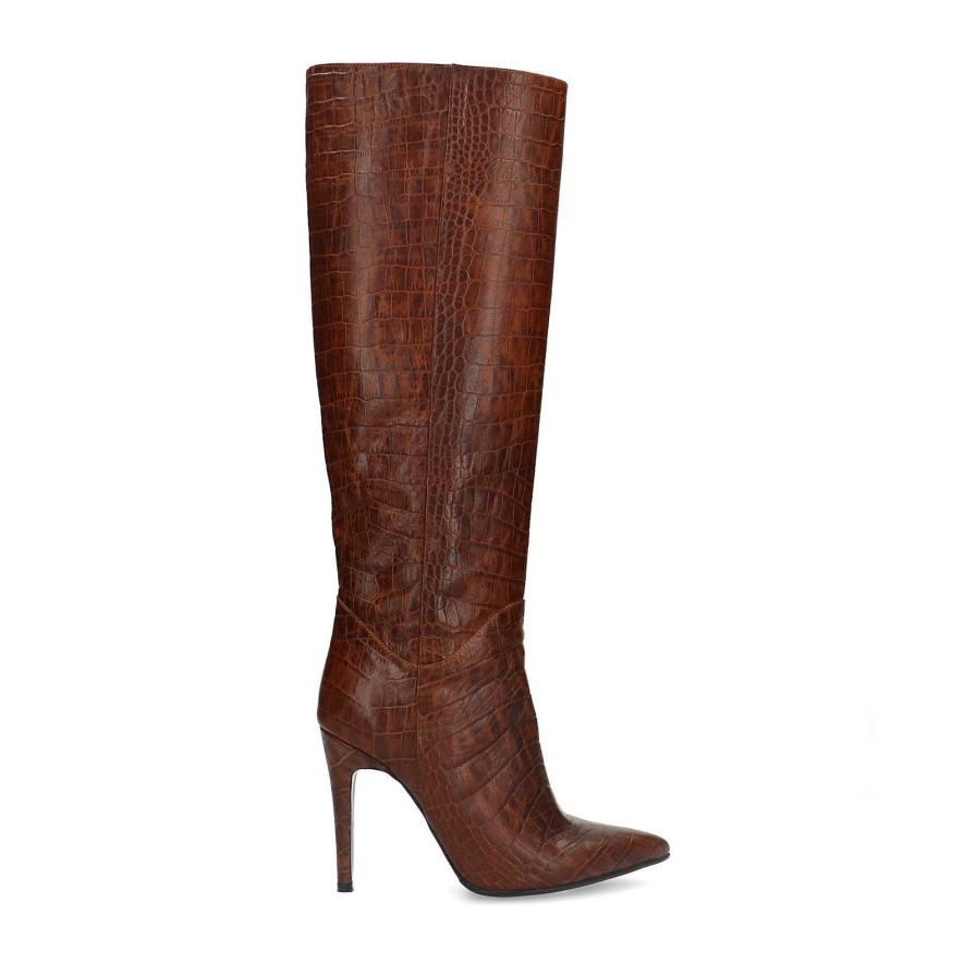 Sacha Knee High Leather Boots With Croc Print - Brown