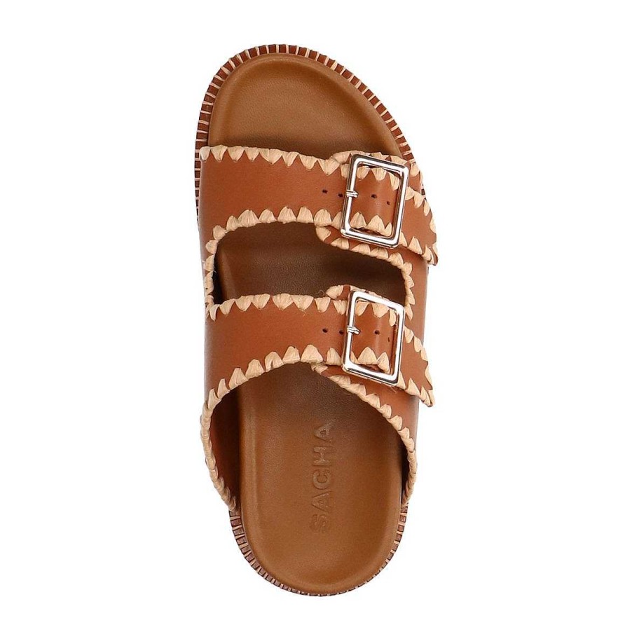 Sacha Leather Slides With Buckles - Camel