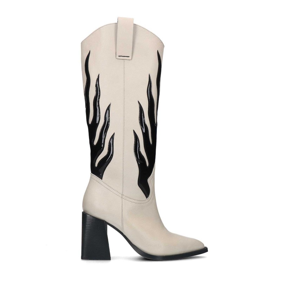 Sacha Flame Leather Cowboy Boots - Off White