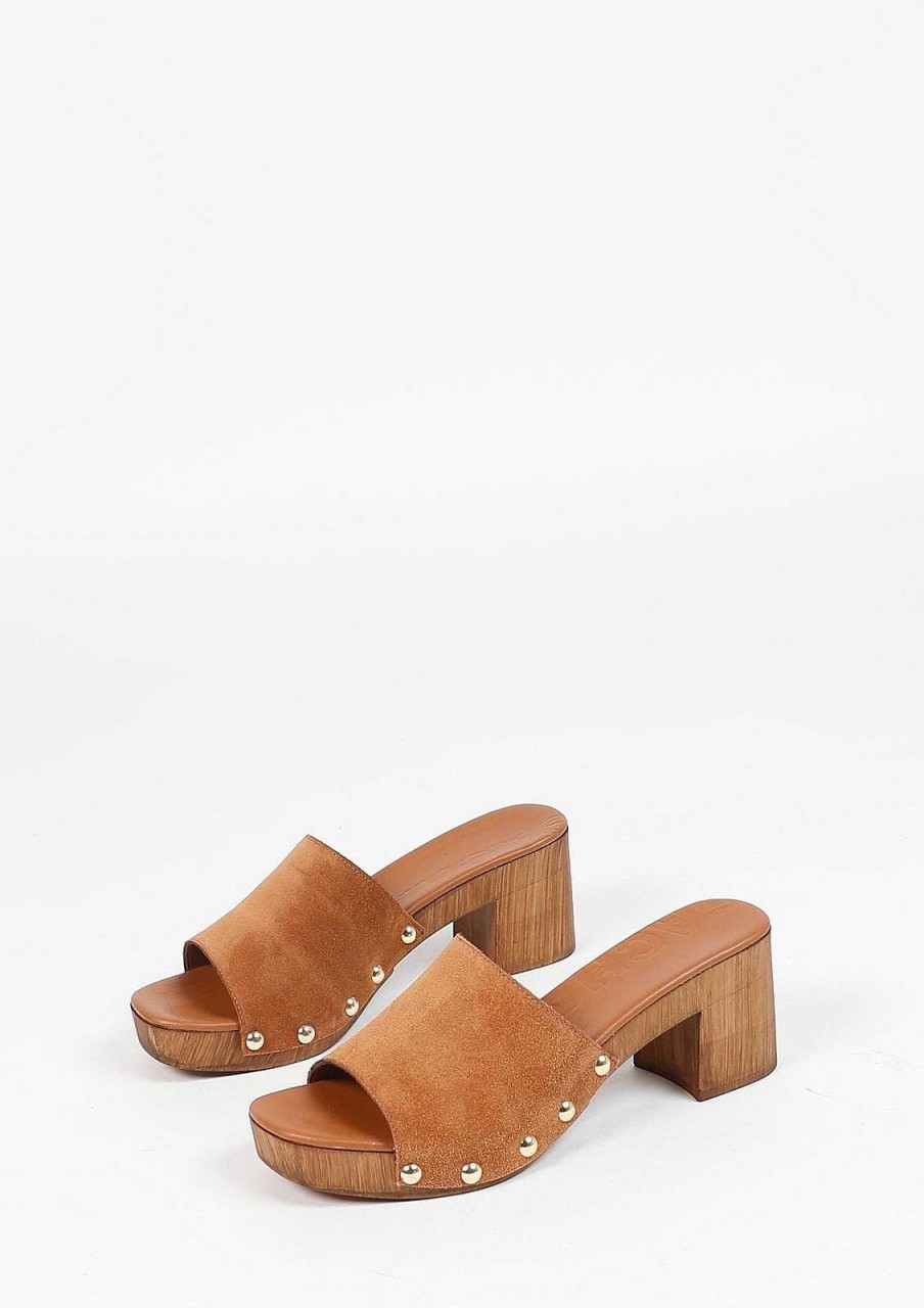 Sacha Suede Mules With Wooden Heel - Brown