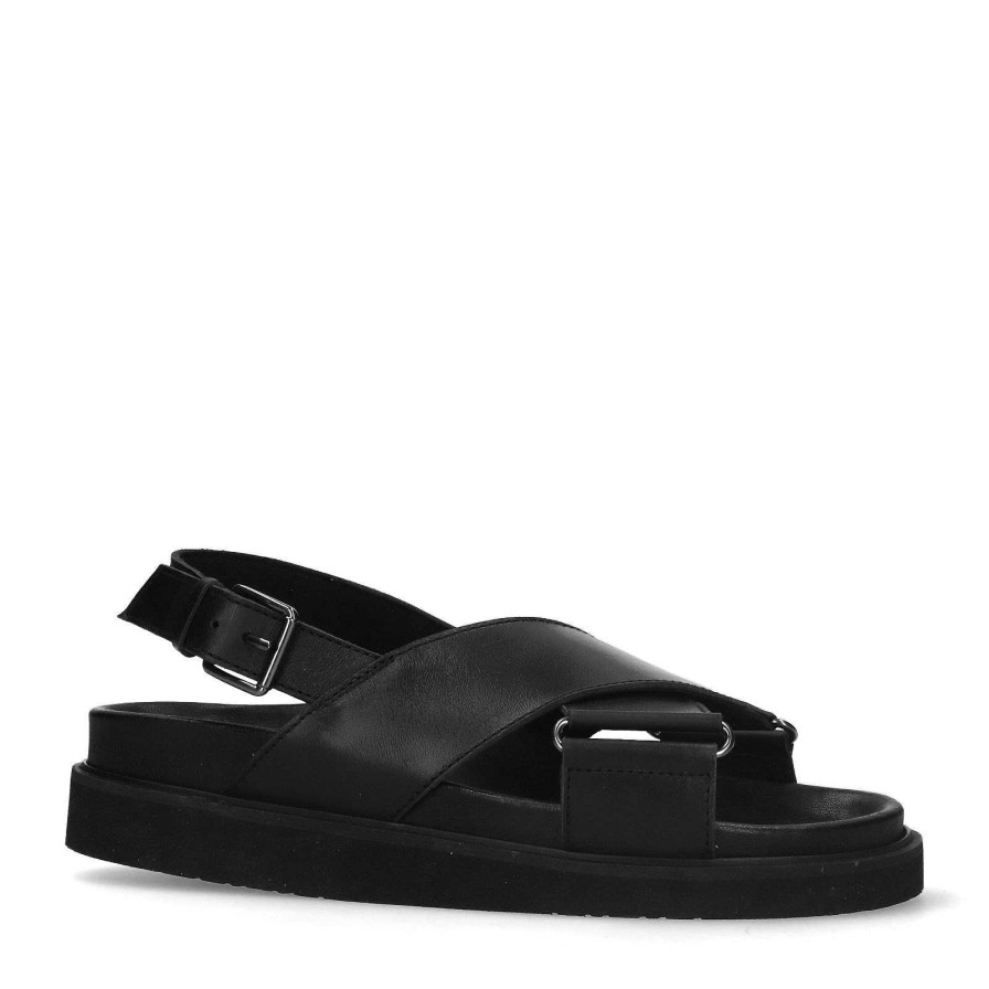 Sacha Cross-Strap Leather Platform Sandals - Black