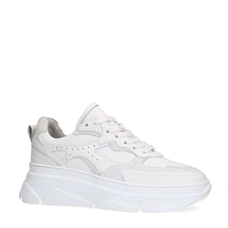 Sacha Chunky Leather Sneakers With Croco Details - White