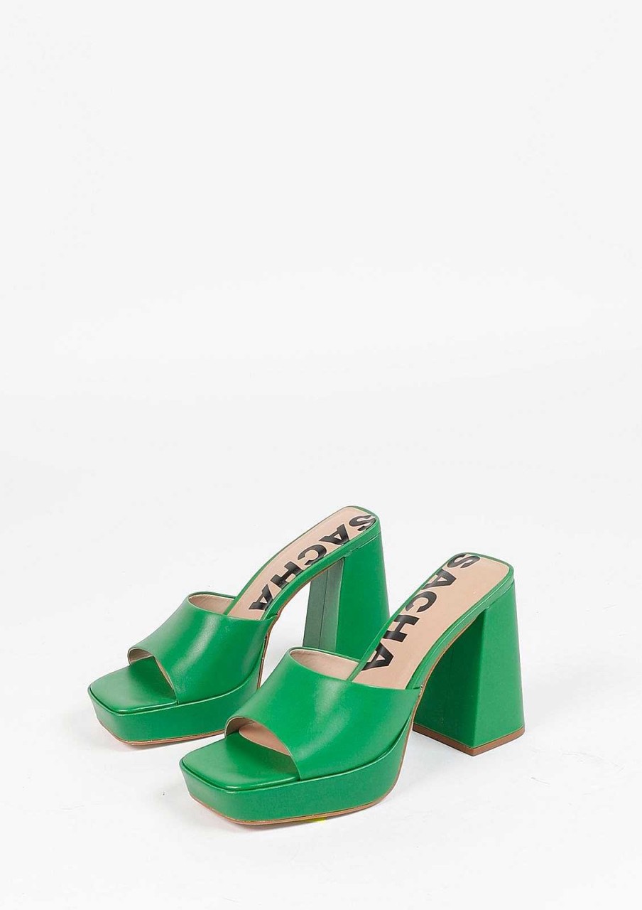 Sacha Leather Mules With Platform - Green