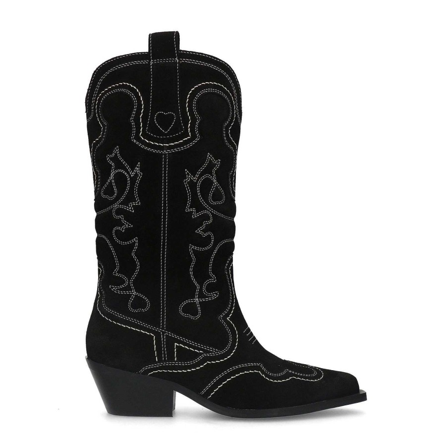 Sacha Suede Cowboy Boots With Decorative Stitching - Black