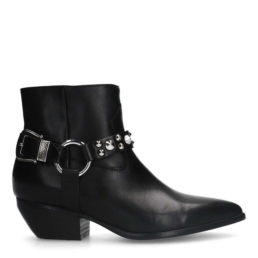 Sacha Leather Cowboy Boots With Buckle - Black