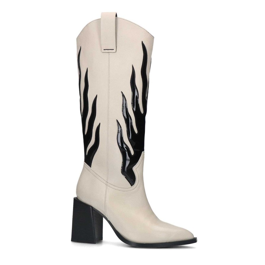 Sacha Flame Leather Cowboy Boots - Off White