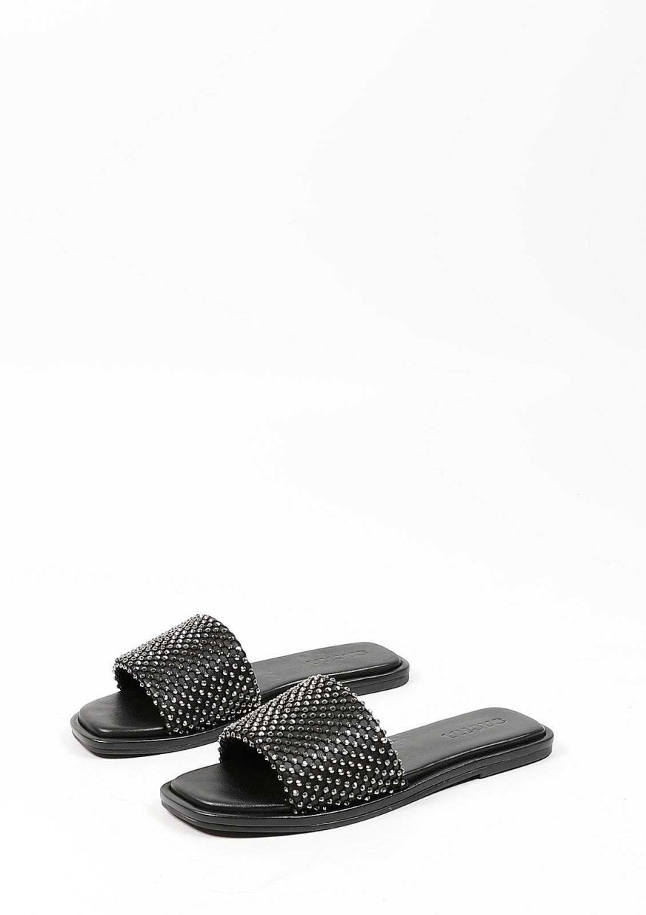 Sacha Leather Slides With Rhinestone Band - Black