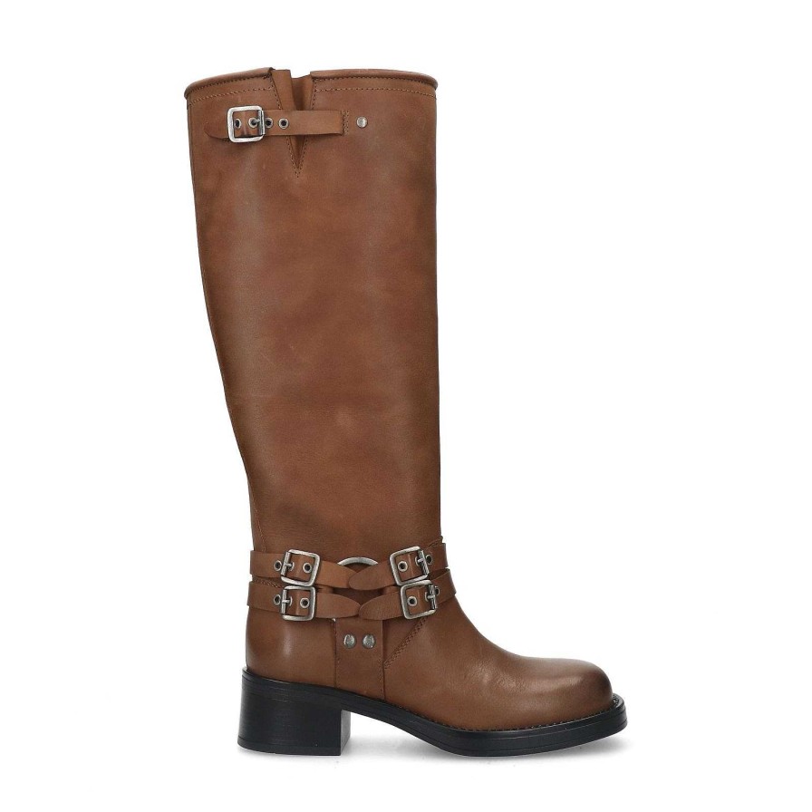 Sacha Wide Shaft Buckled Biker Boots - Brown