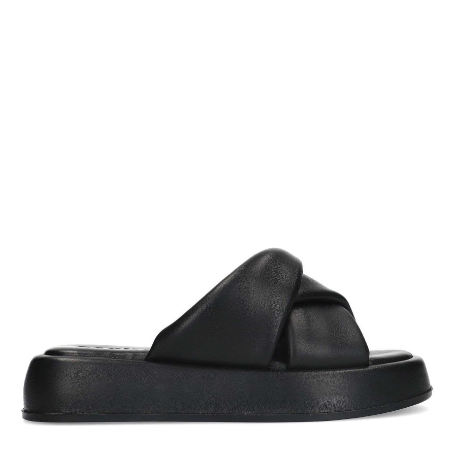 Sacha Leather Platform Slides - Black