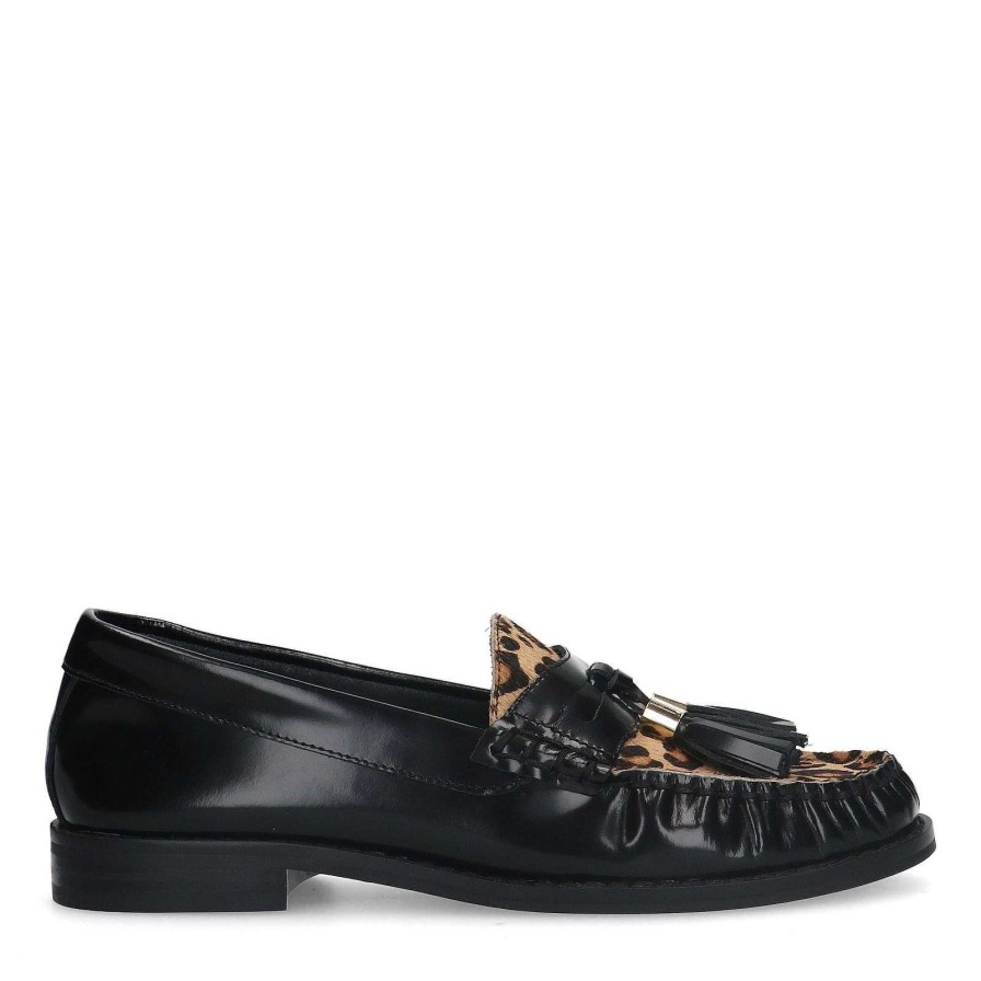 Sacha Leather Loafers With Leopard Print - Black