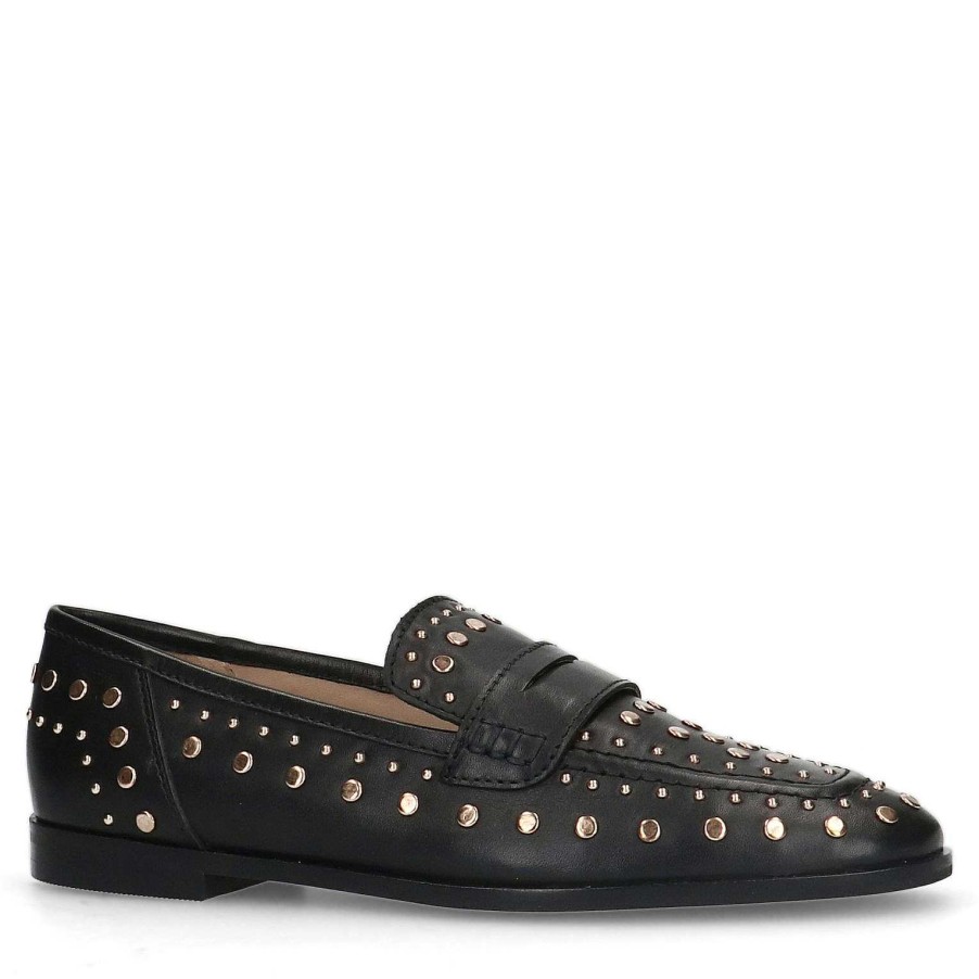 Sacha Leather Penny Loafers With Studs - Black