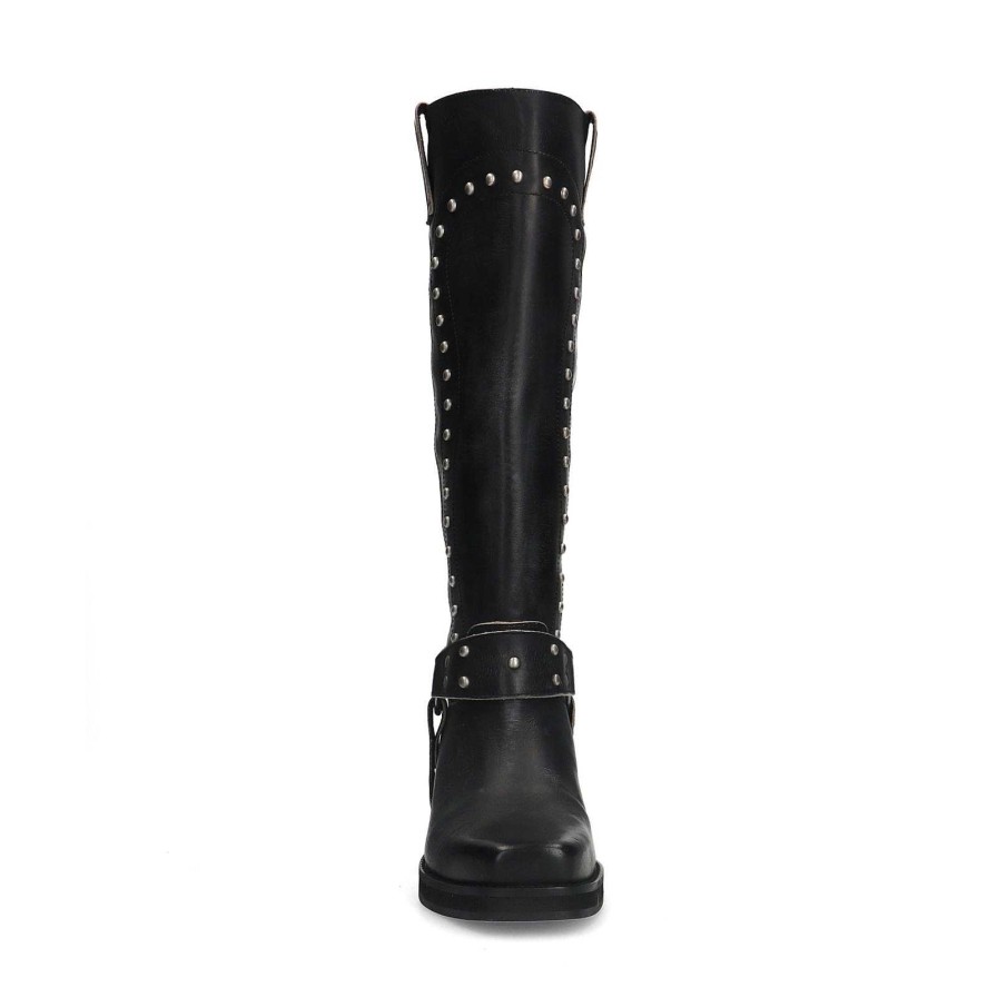 Sacha Leather Biker Boots With Studs - Black