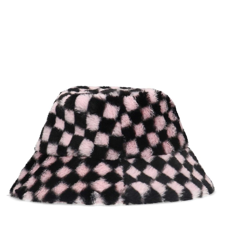 Sacha Faux Fur Bucket Hat With Check Print - Black