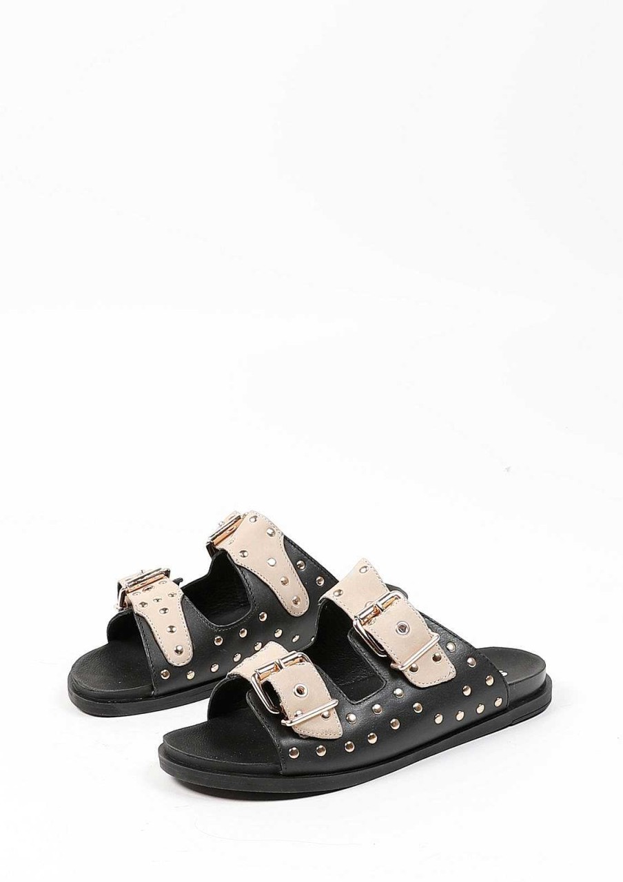 Sacha Leather Slides With Studs - Black