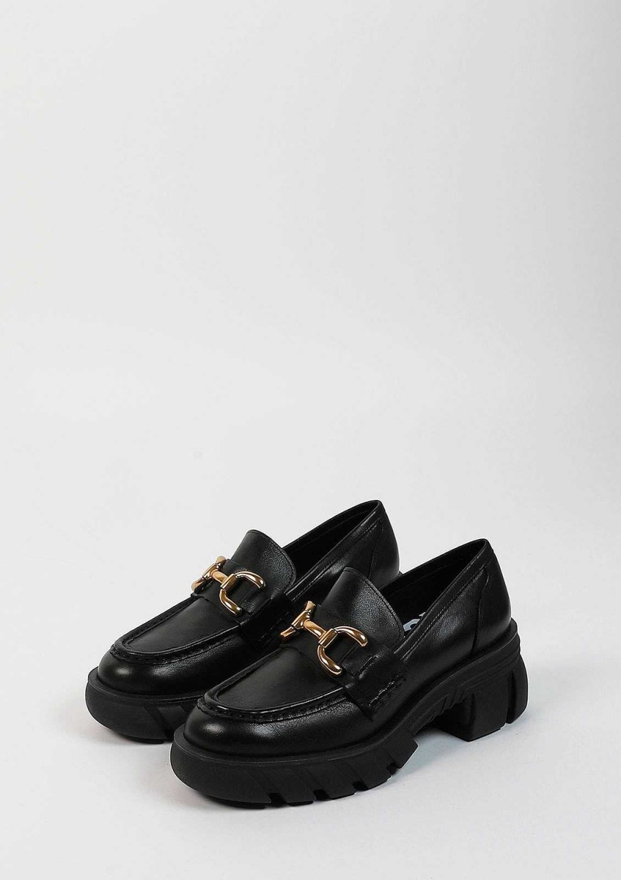 Sacha Chunky Leather Loafers With Chain - Black