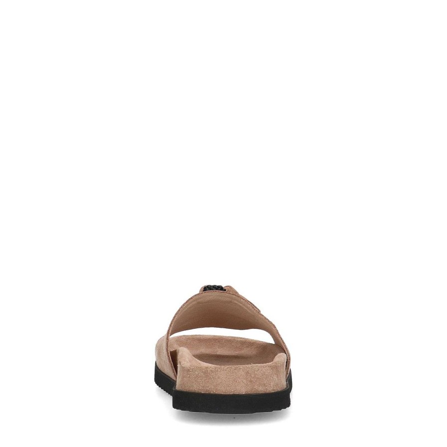 Sacha Suede Slides With Fringed Pompom - Beige