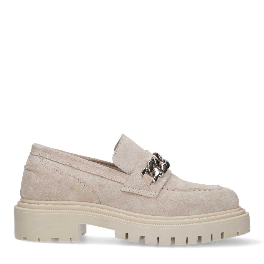 Sacha Suede Loafers With Chain - Beige