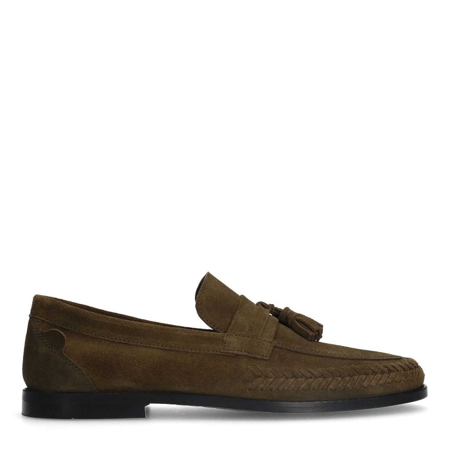 Sacha Suede Loafers With Fringed Tassels - Khaki